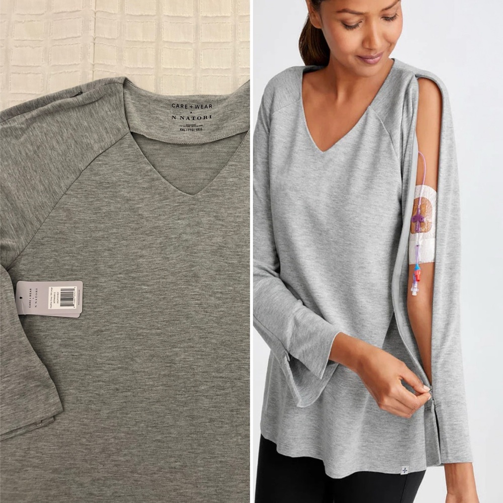N Natori Care+Wear Arm Access Infusion PICC Line Shirt Heather Gray Top XXL